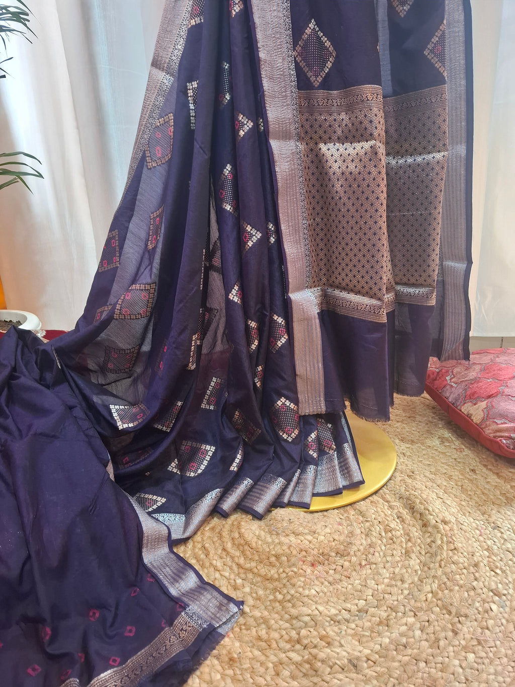 Navy blue silver zari bandhni design Banarasi silk saree
