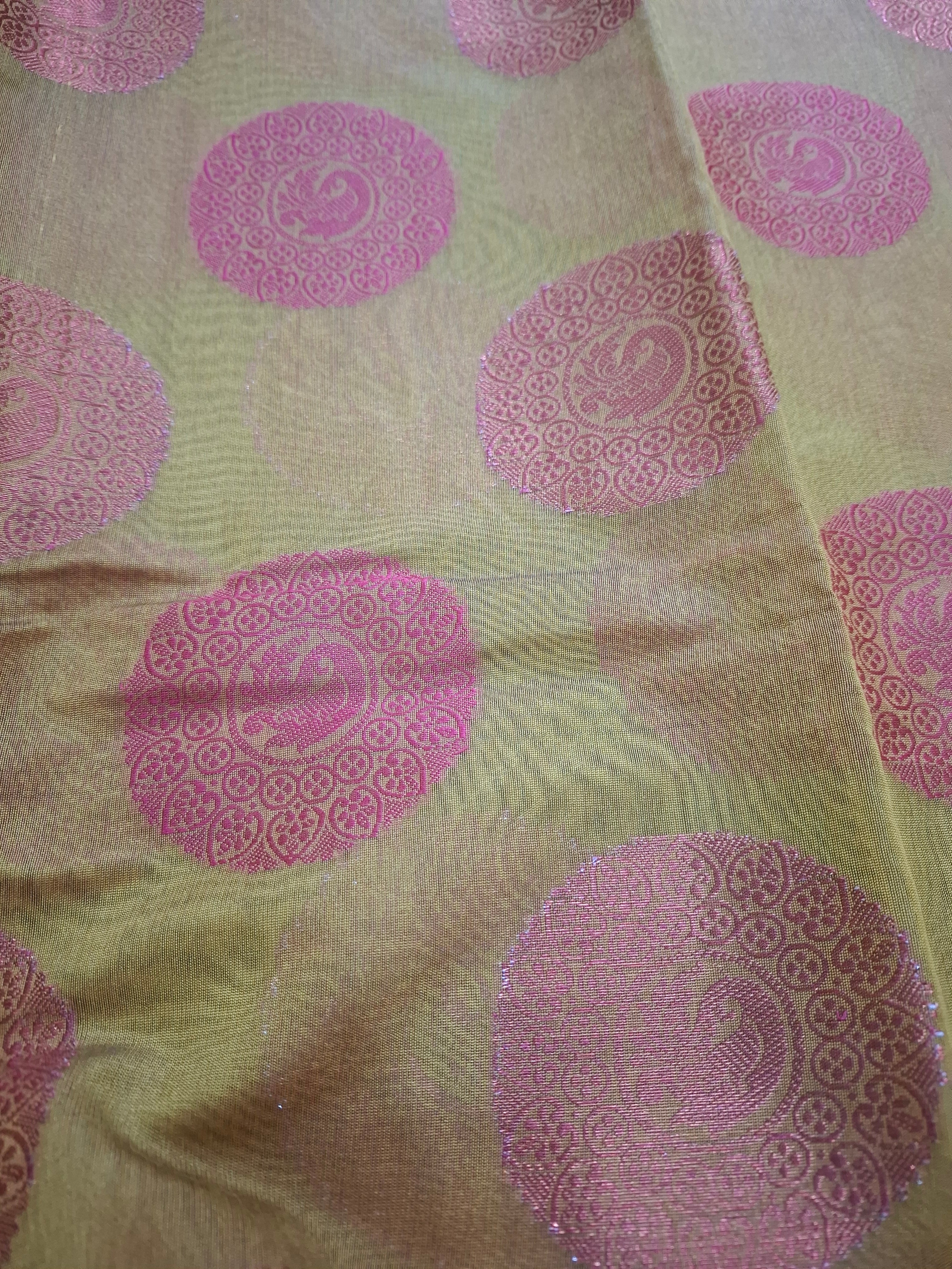 Olive yellow Gola Buta cotton silk Banarasi saree