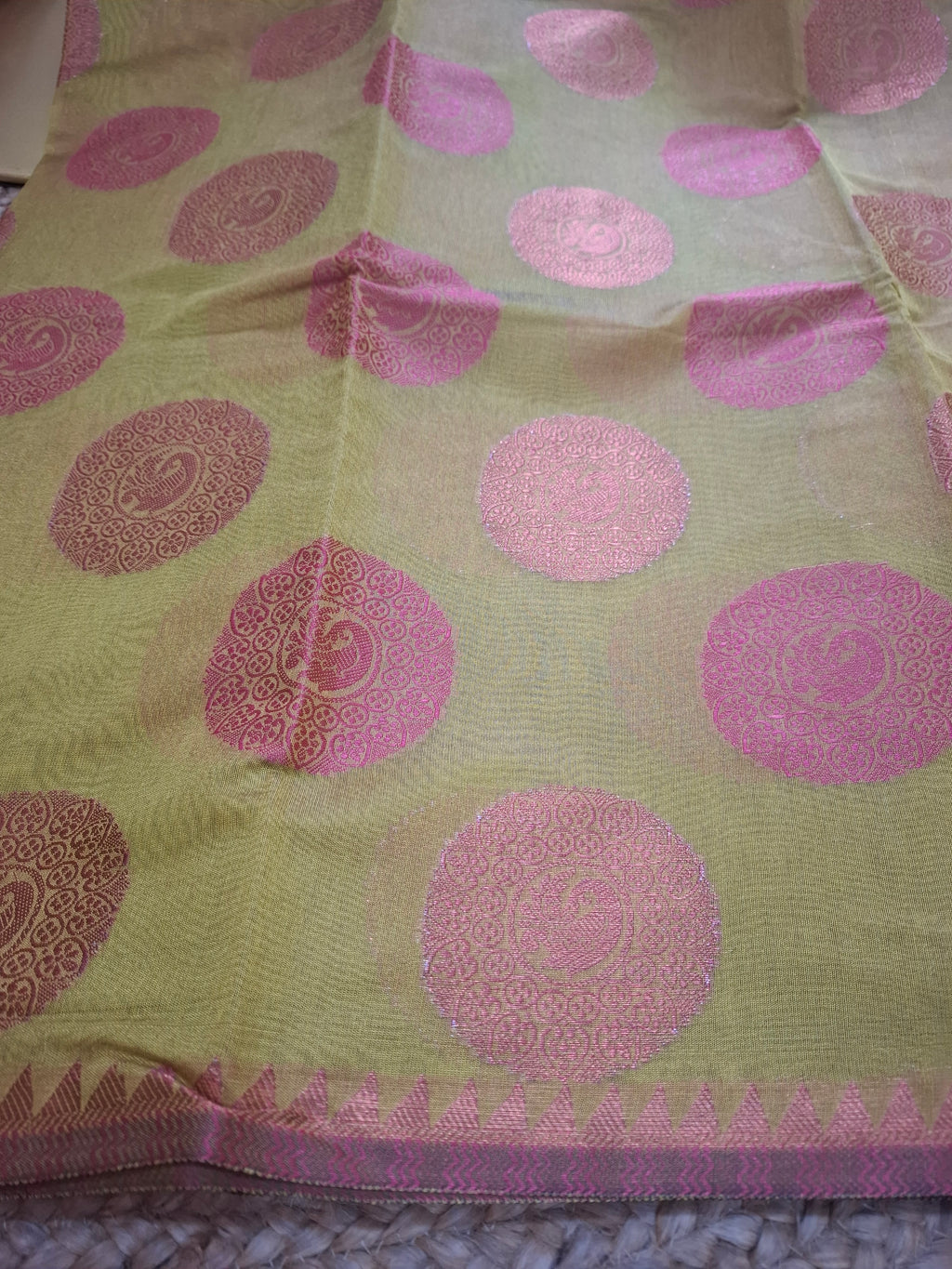 Olive yellow Gola Buta cotton silk Banarasi saree