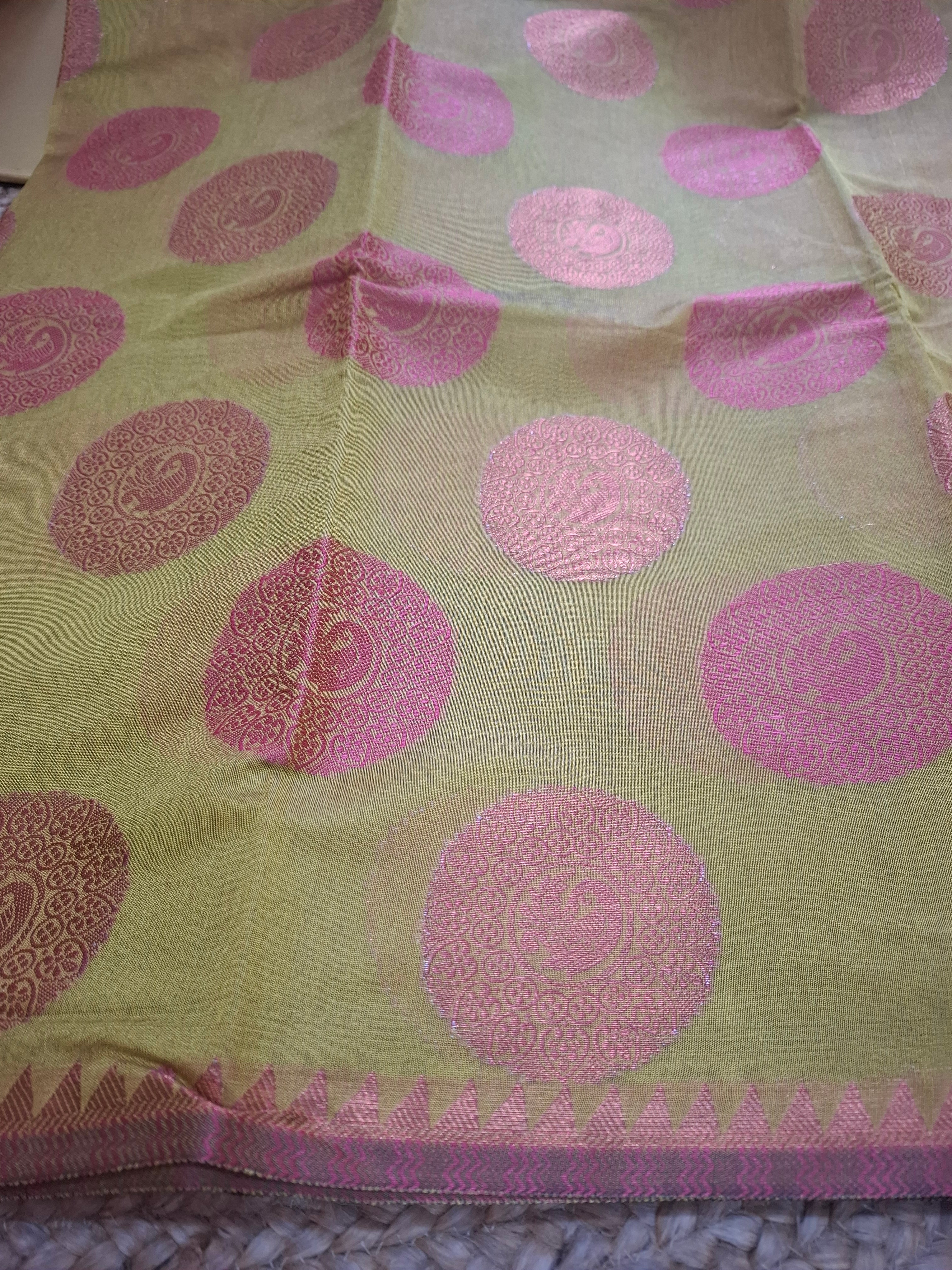 Olive yellow Gola Buta cotton silk Banarasi saree