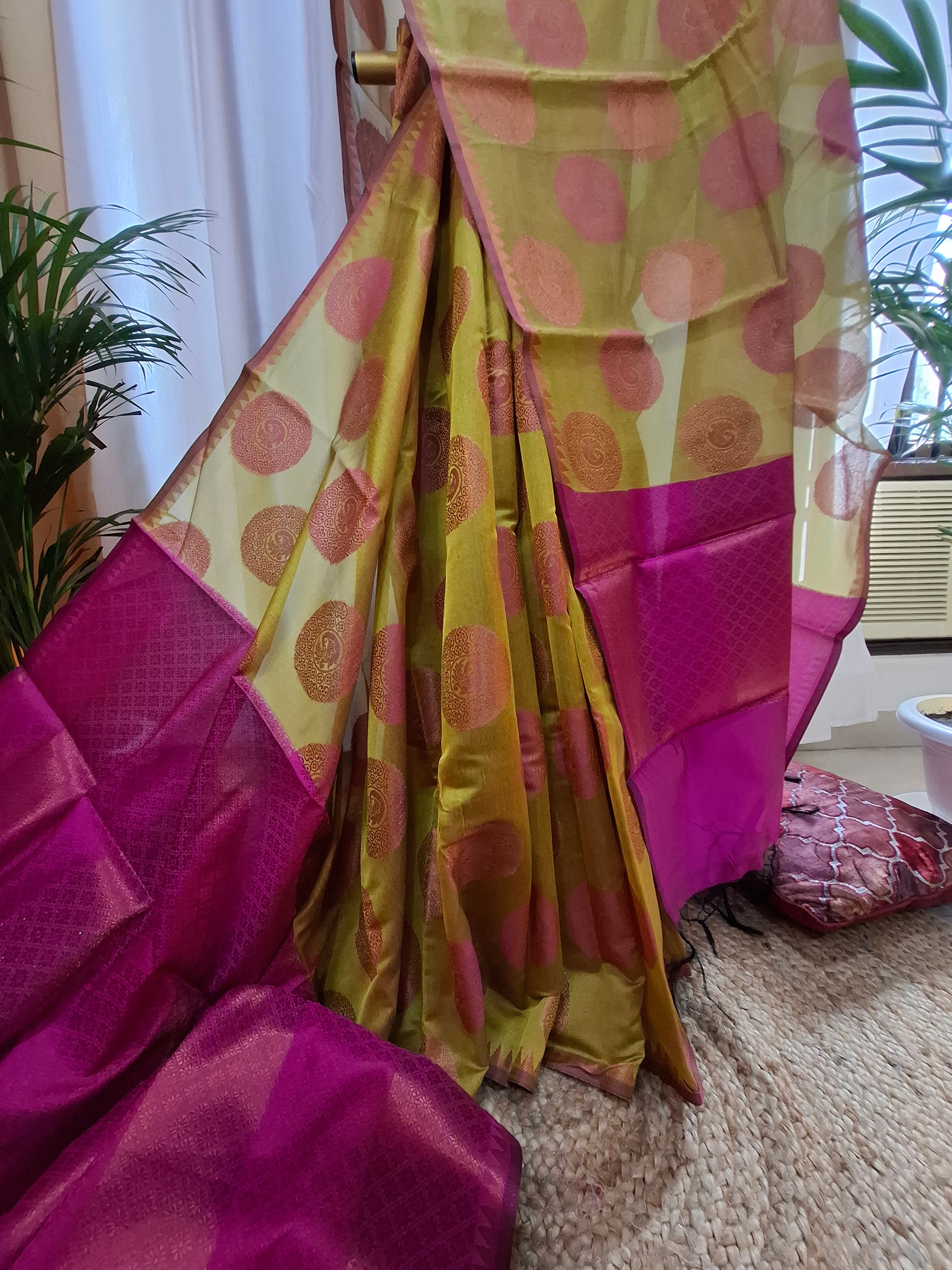 Olive yellow Gola Buta cotton silk Banarasi saree