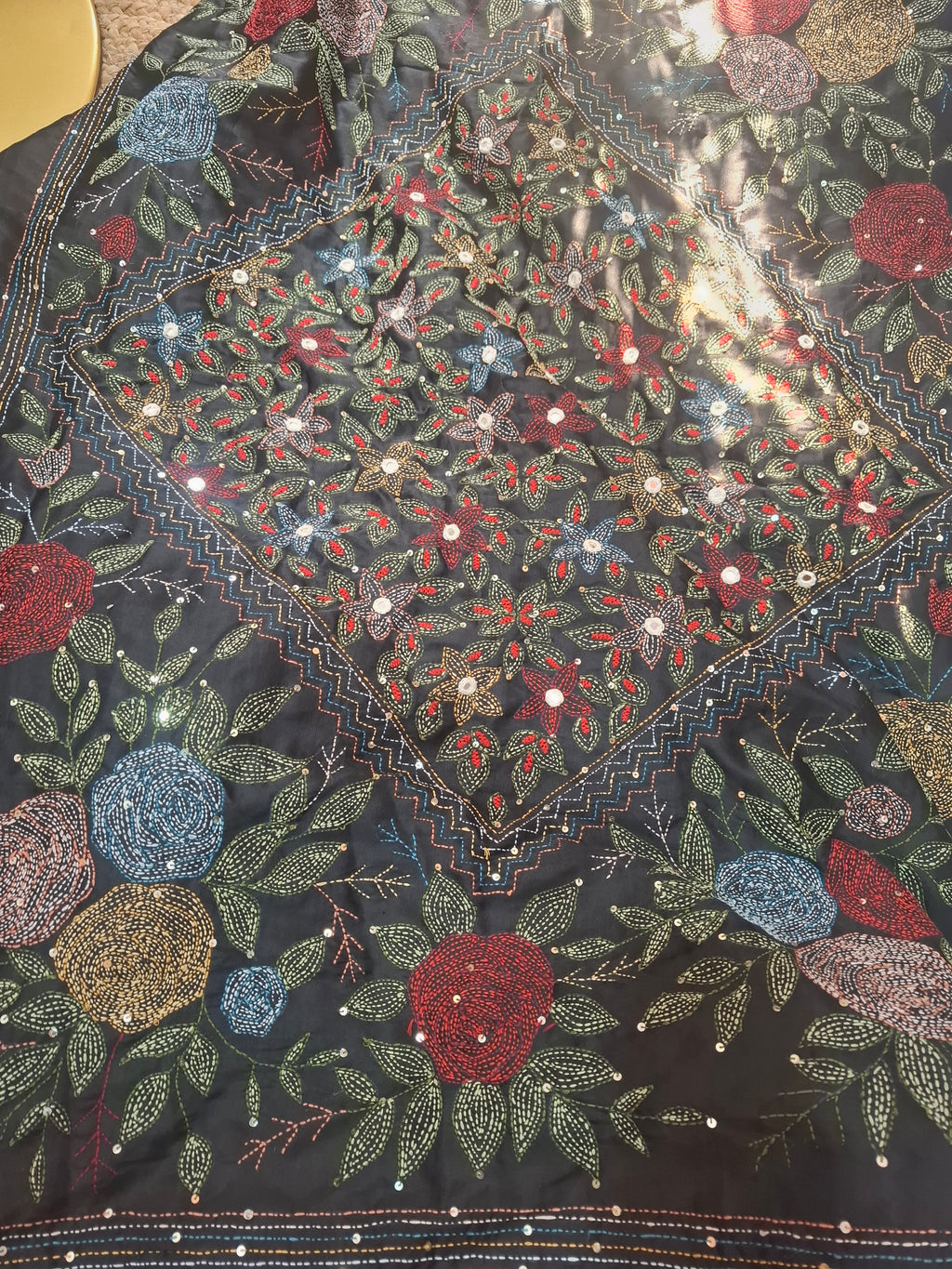 Black Pure Tussar Silk Banarasi saree with Kantha embroidery