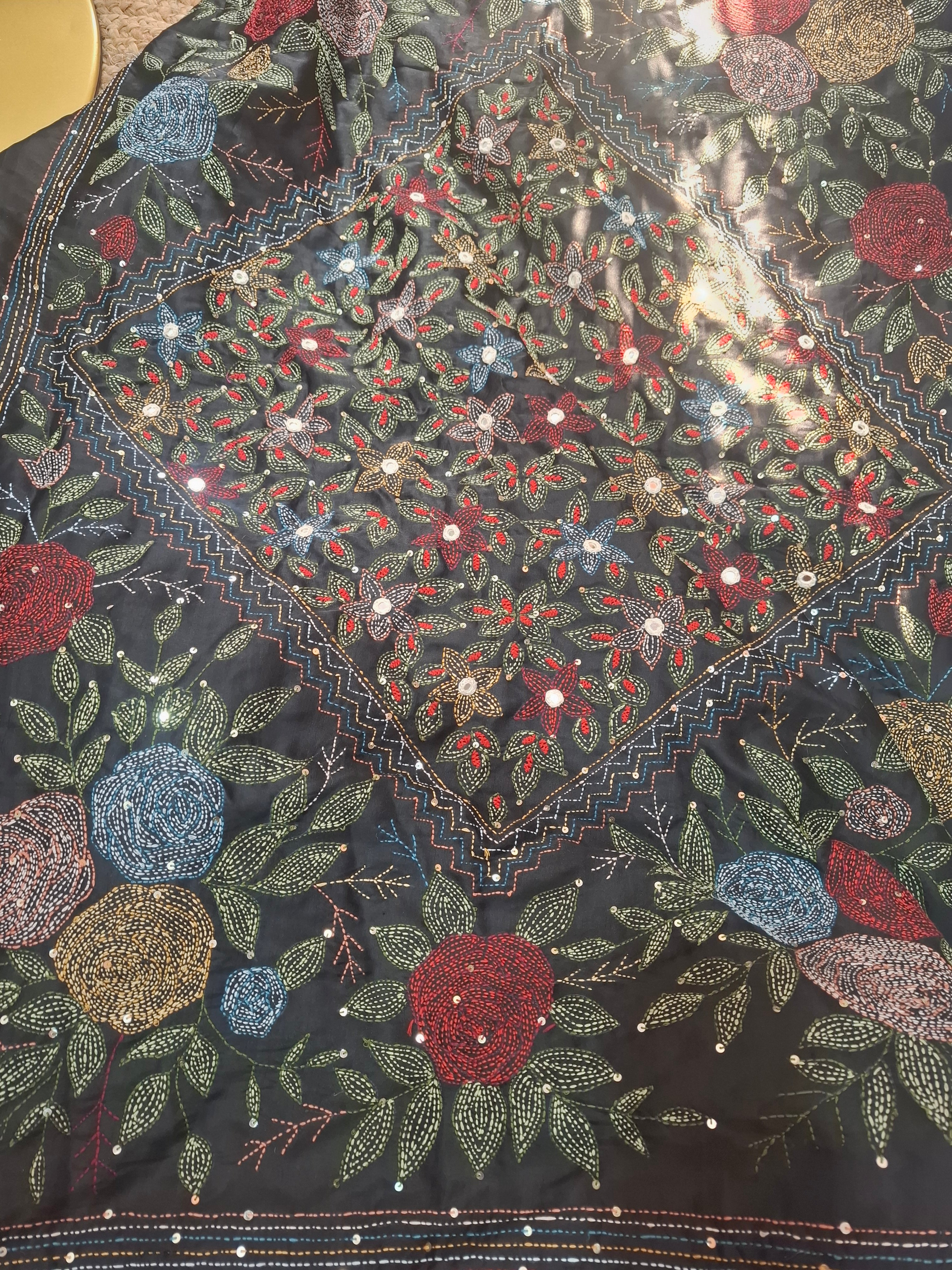 Black Pure Tussar Silk Banarasi saree with Kantha embroidery