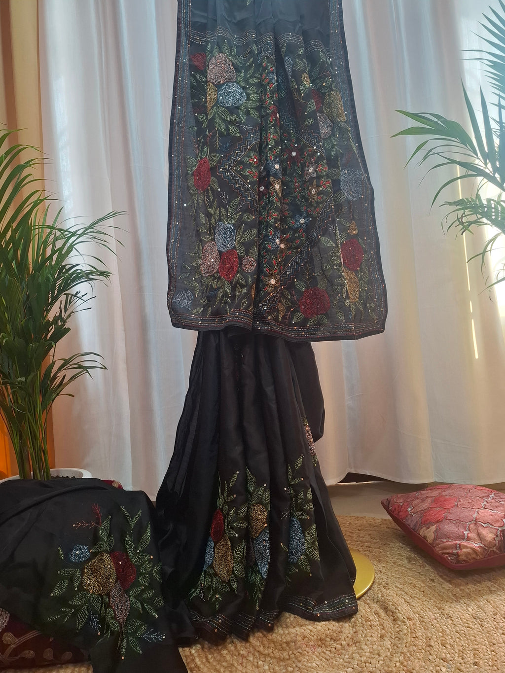 Black Pure Tussar Silk Banarasi saree with Kantha embroidery