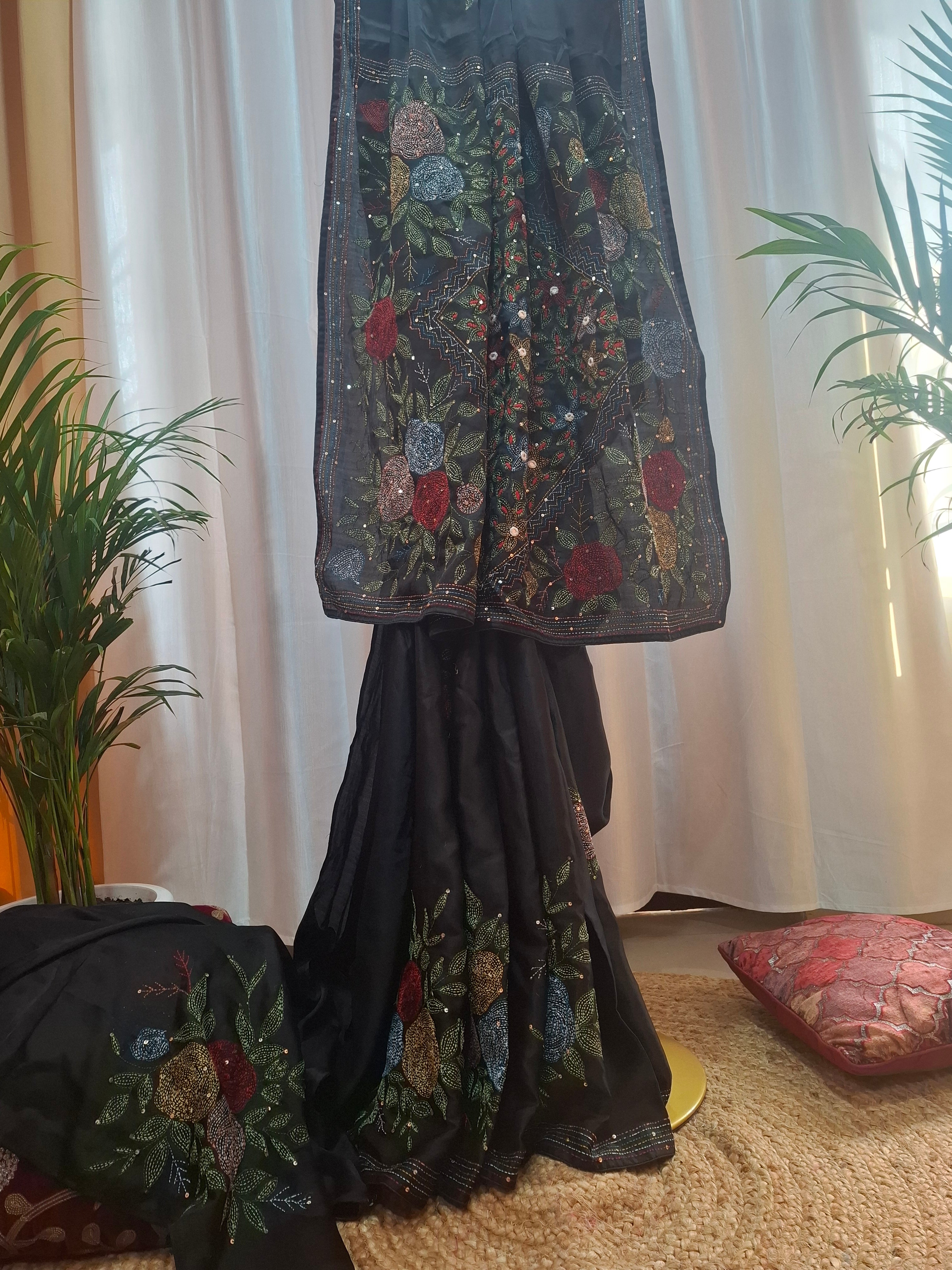 Black Pure Tussar Silk Banarasi saree with Kantha embroidery