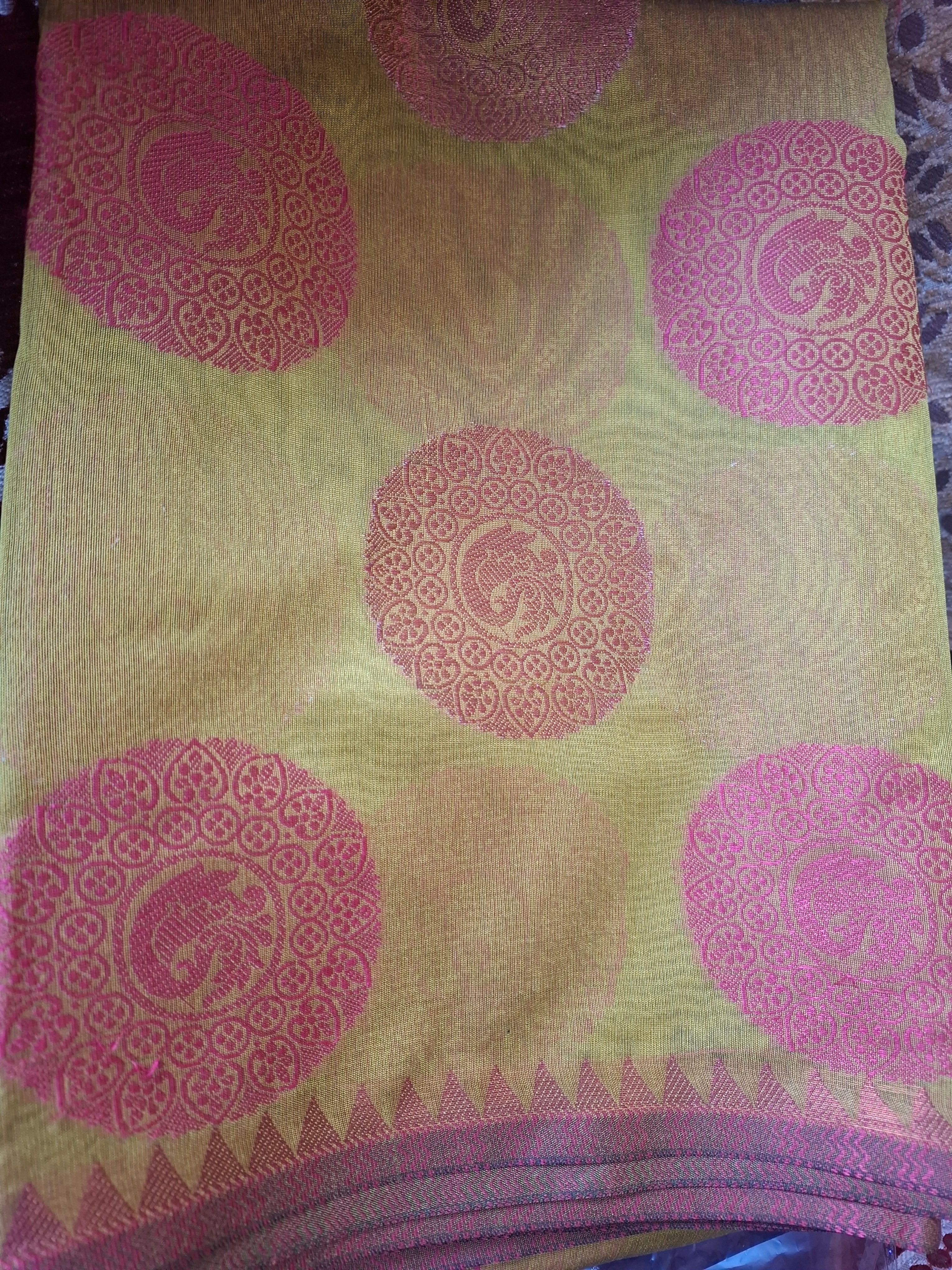 Olive yellow Gola Buta cotton silk Banarasi saree
