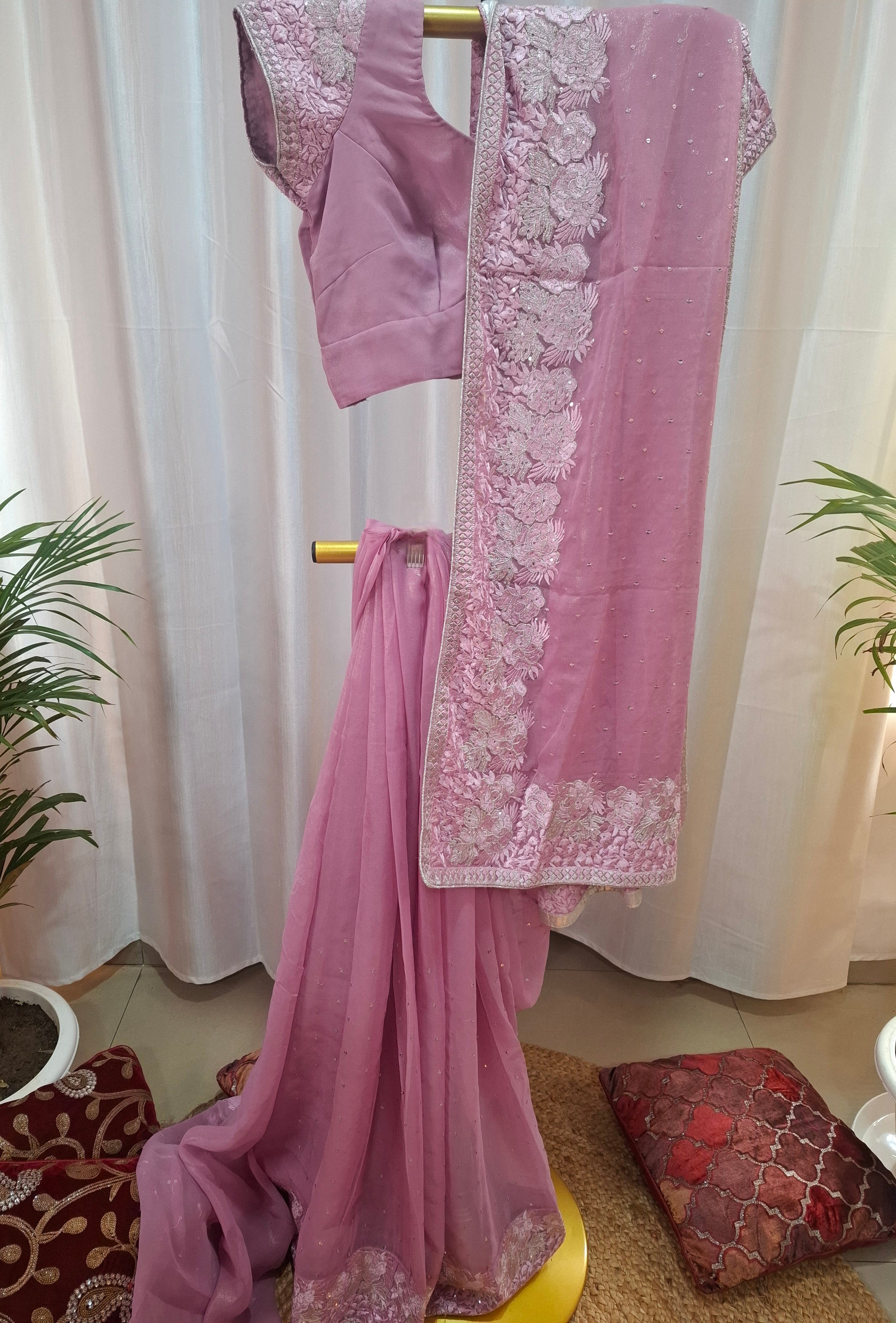 Shimmer georgette Pink Saree ready to wear with silver embroidered border