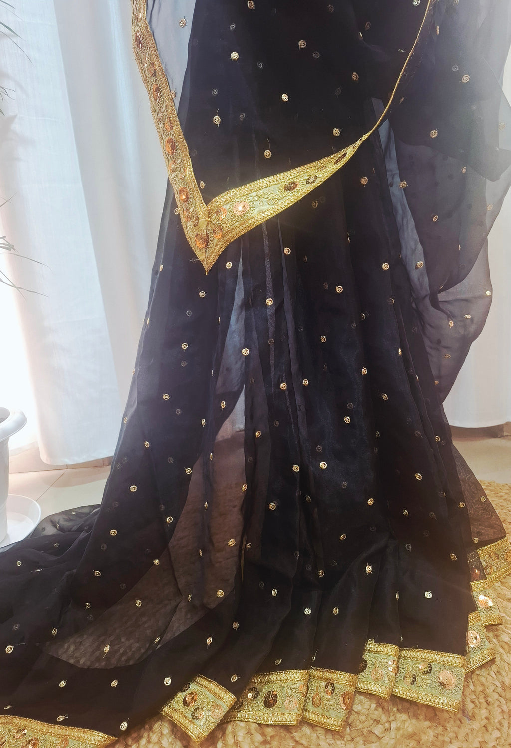 Black soft organza with golden booti ready to wear saree