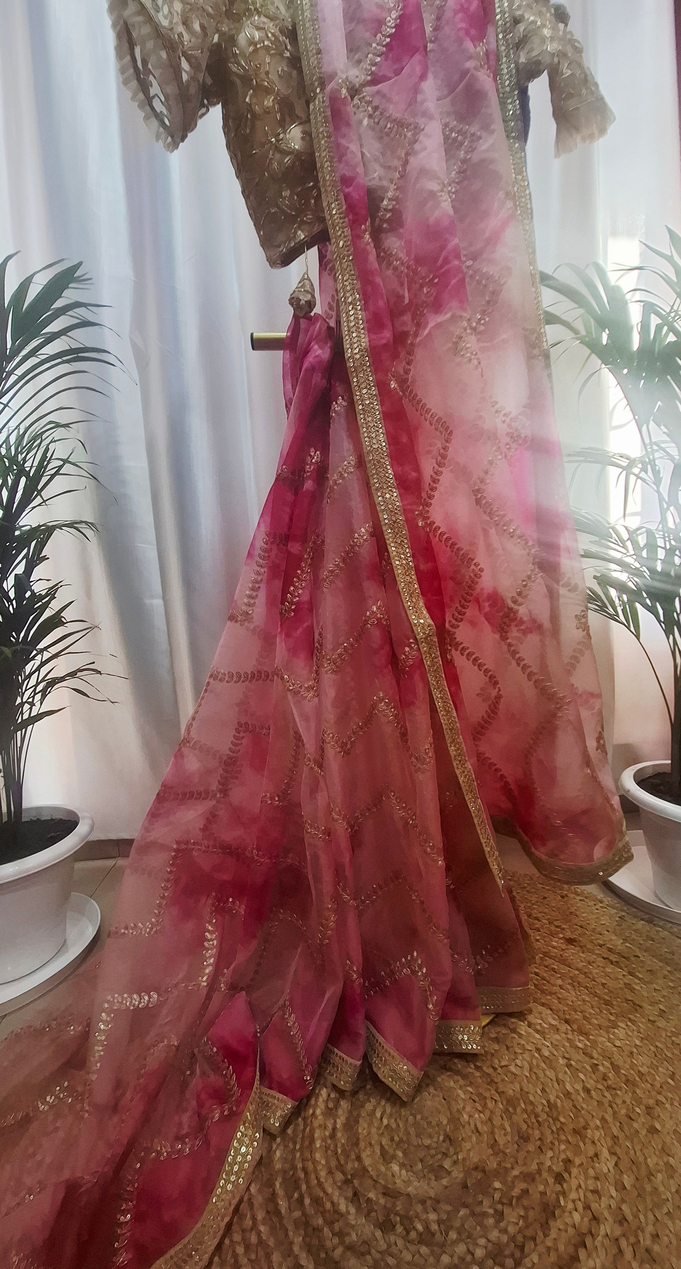Shades of pink soft organza with gold ready to wear saree