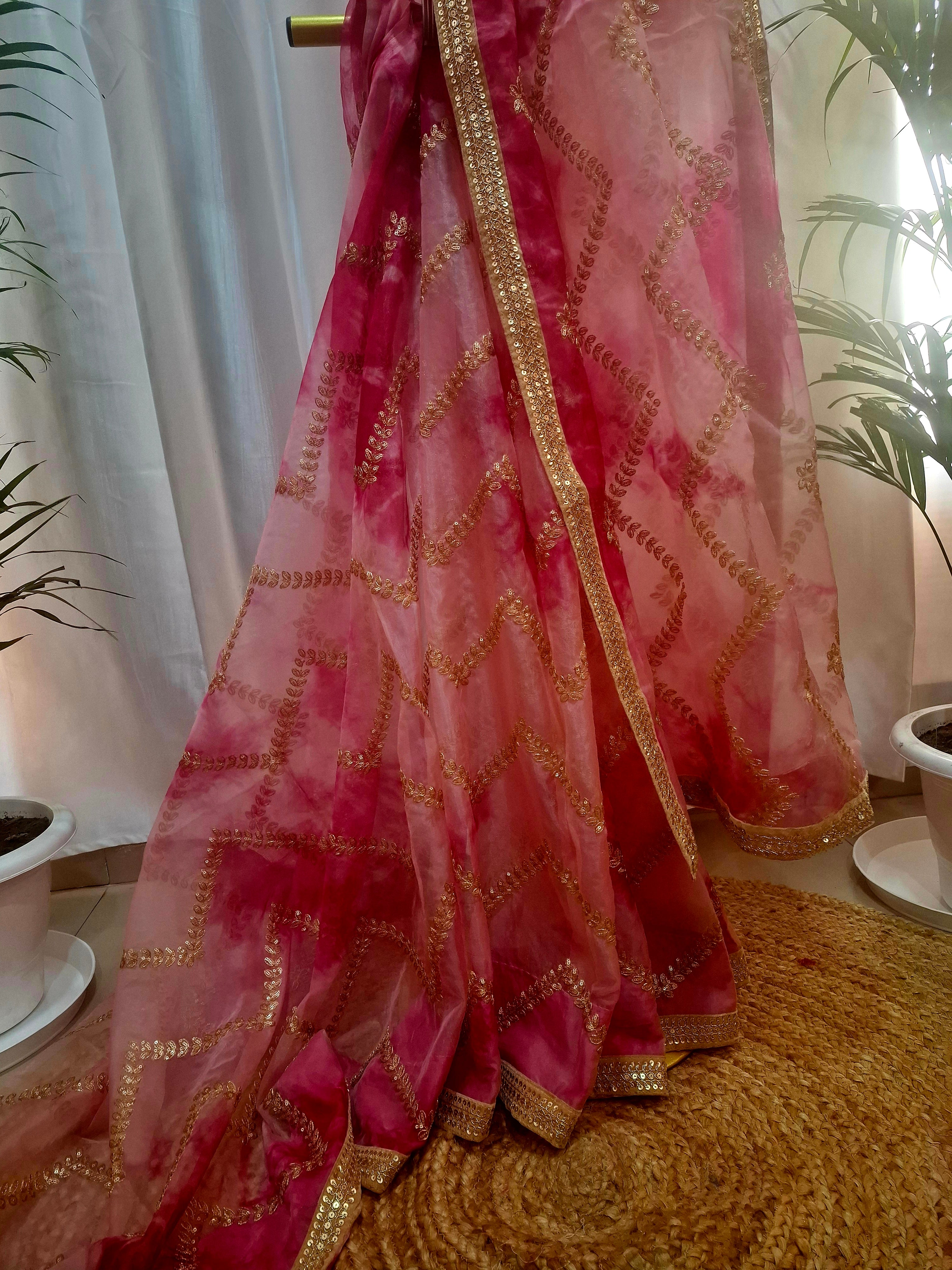 Shades of pink soft organza with gold ready to wear saree