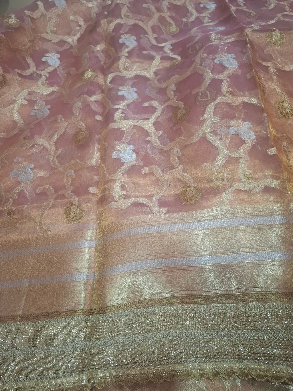 Pink and gold Pure Diamond Tissue Silk Banarasi Saree