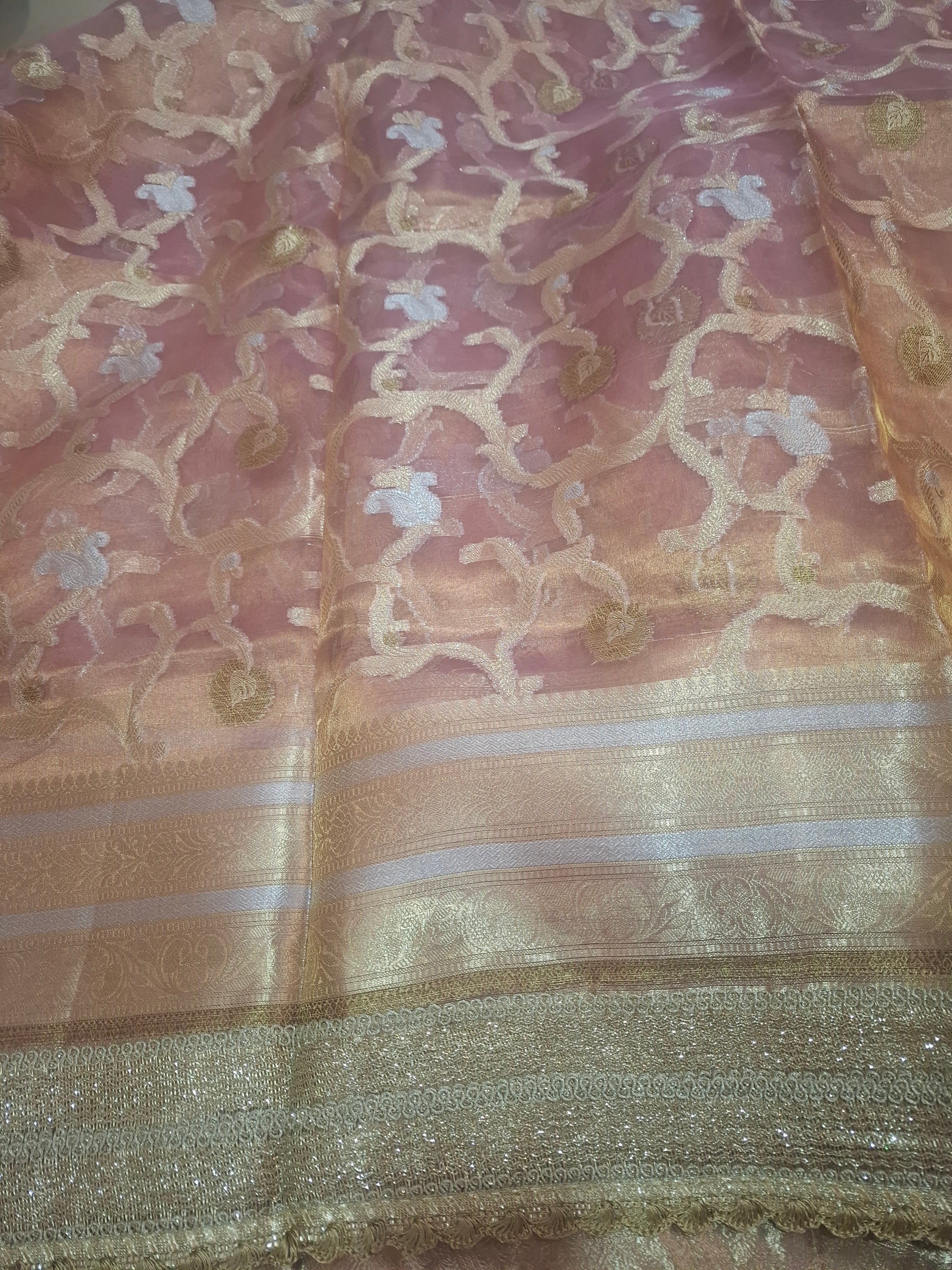 Pink and gold Pure Diamond Tissue Silk Banarasi Saree