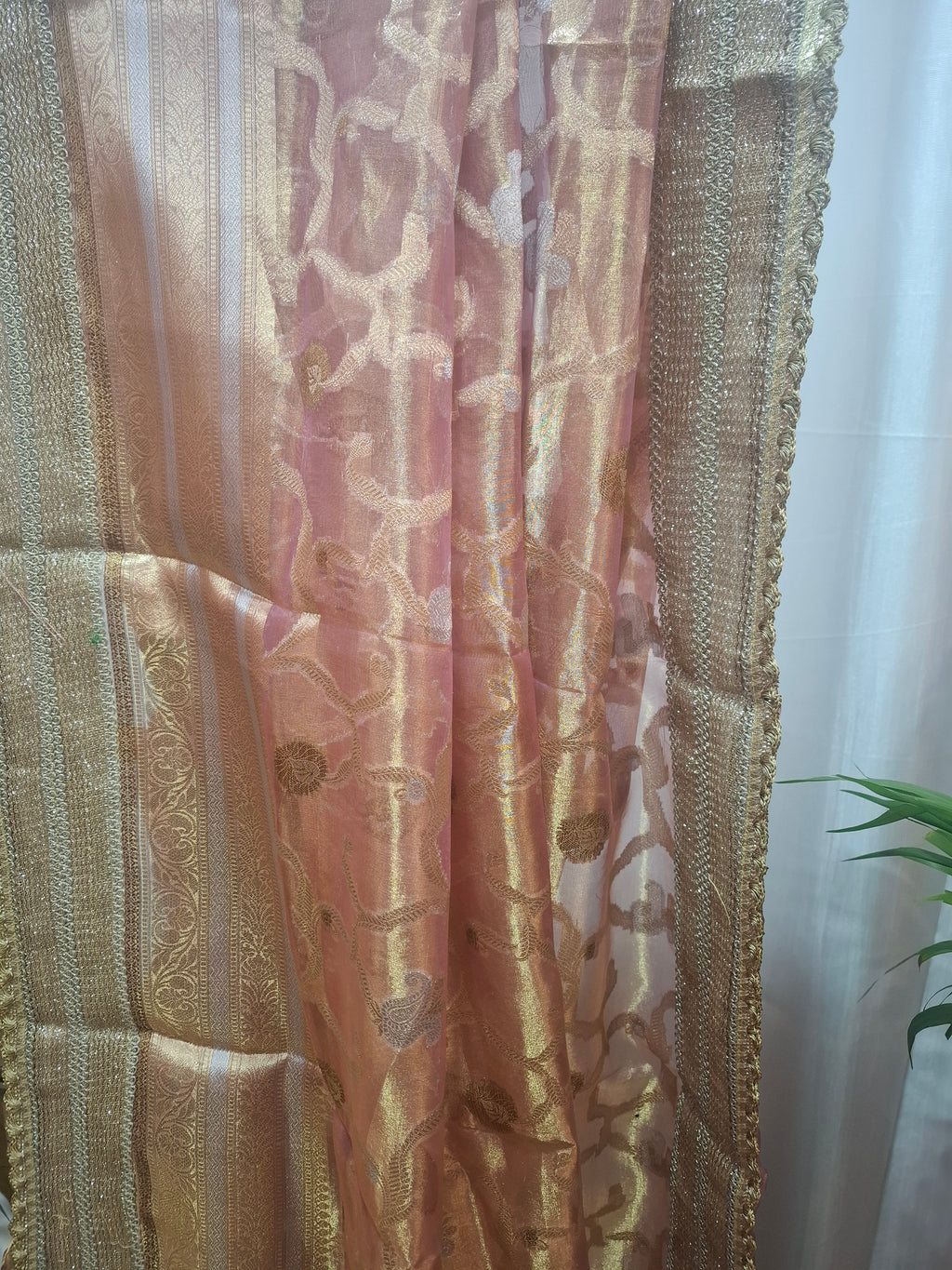 Pink and gold Pure Diamond Tissue Silk Banarasi Saree
