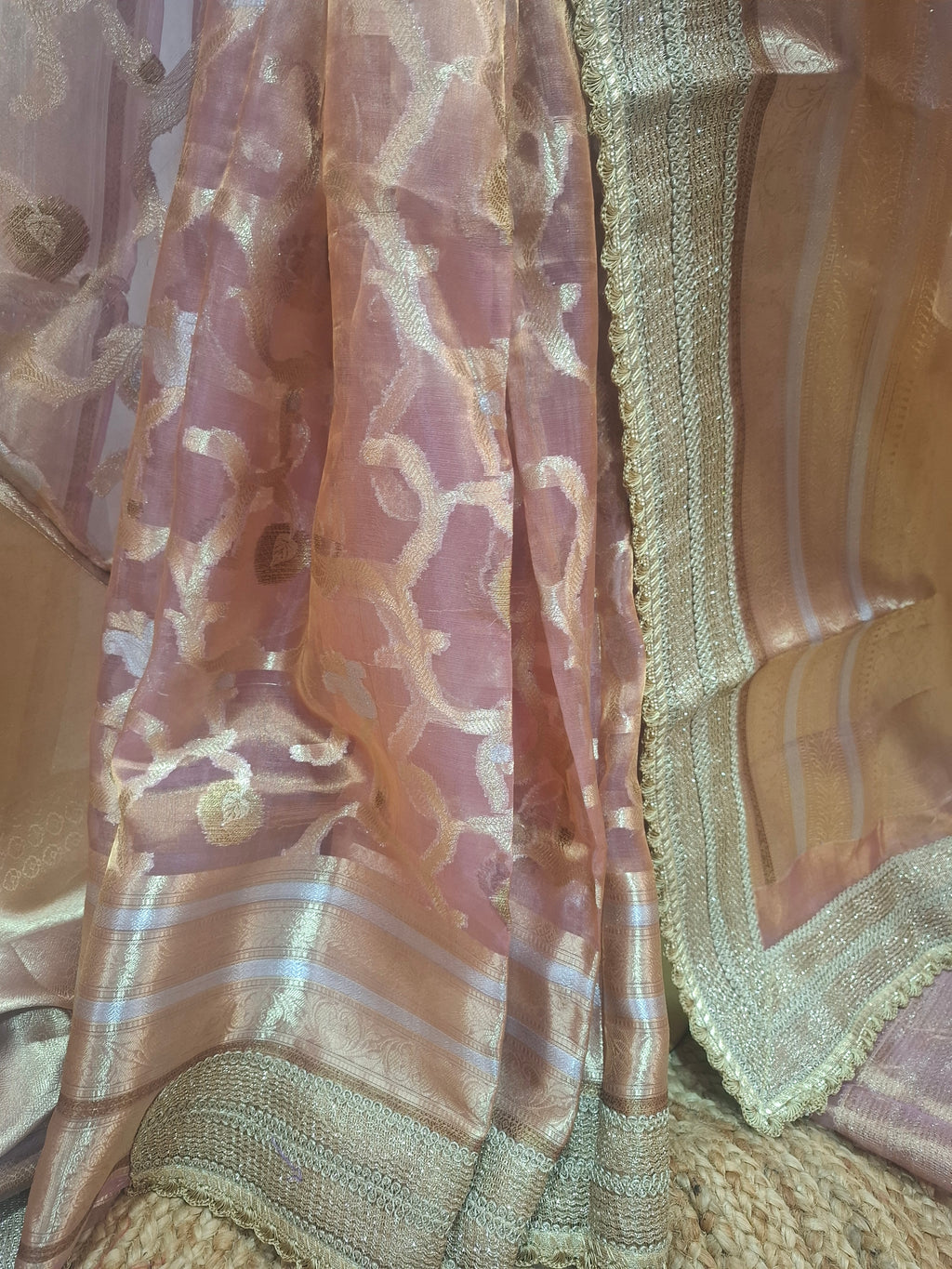 Pink and gold Pure Diamond Tissue Silk Banarasi Saree