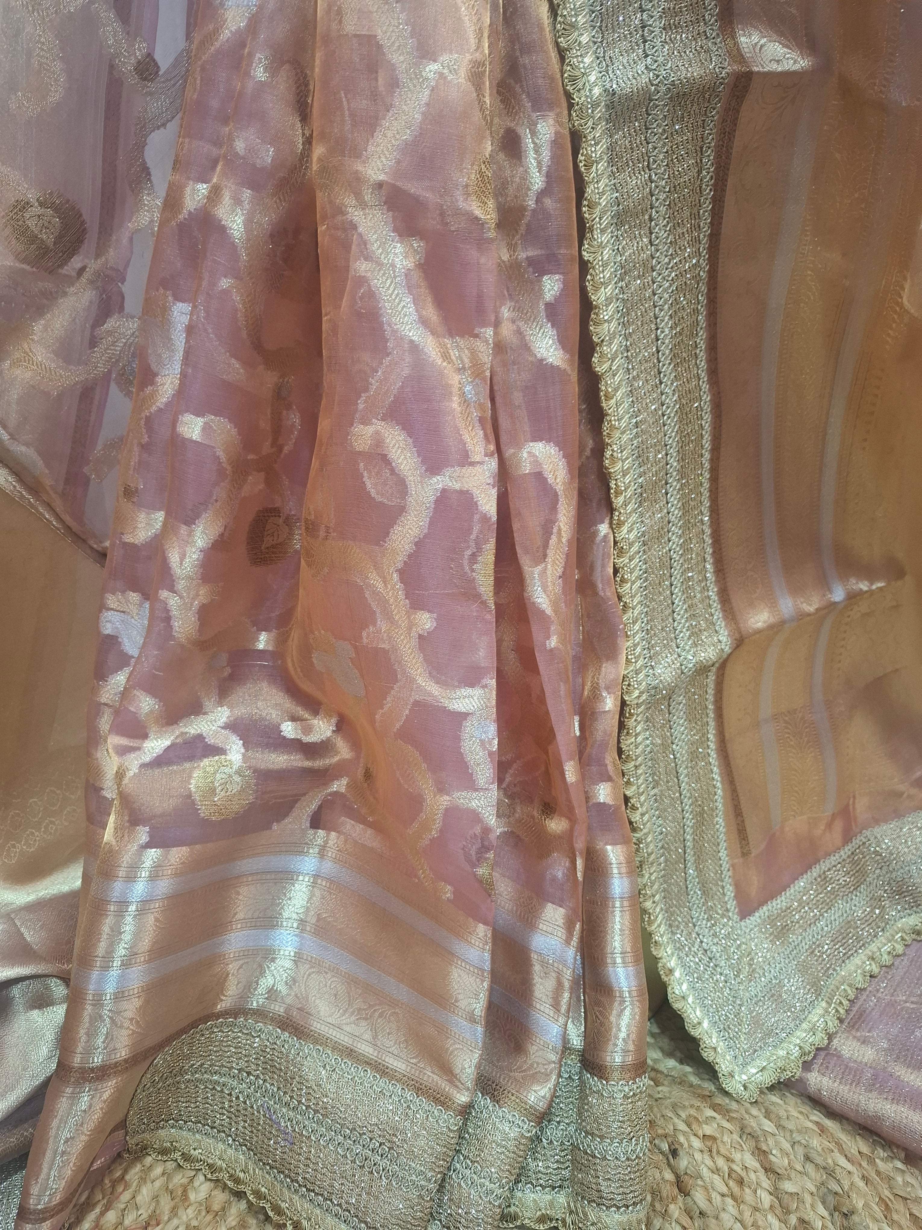 Pink and gold Pure Diamond Tissue Silk Banarasi Saree