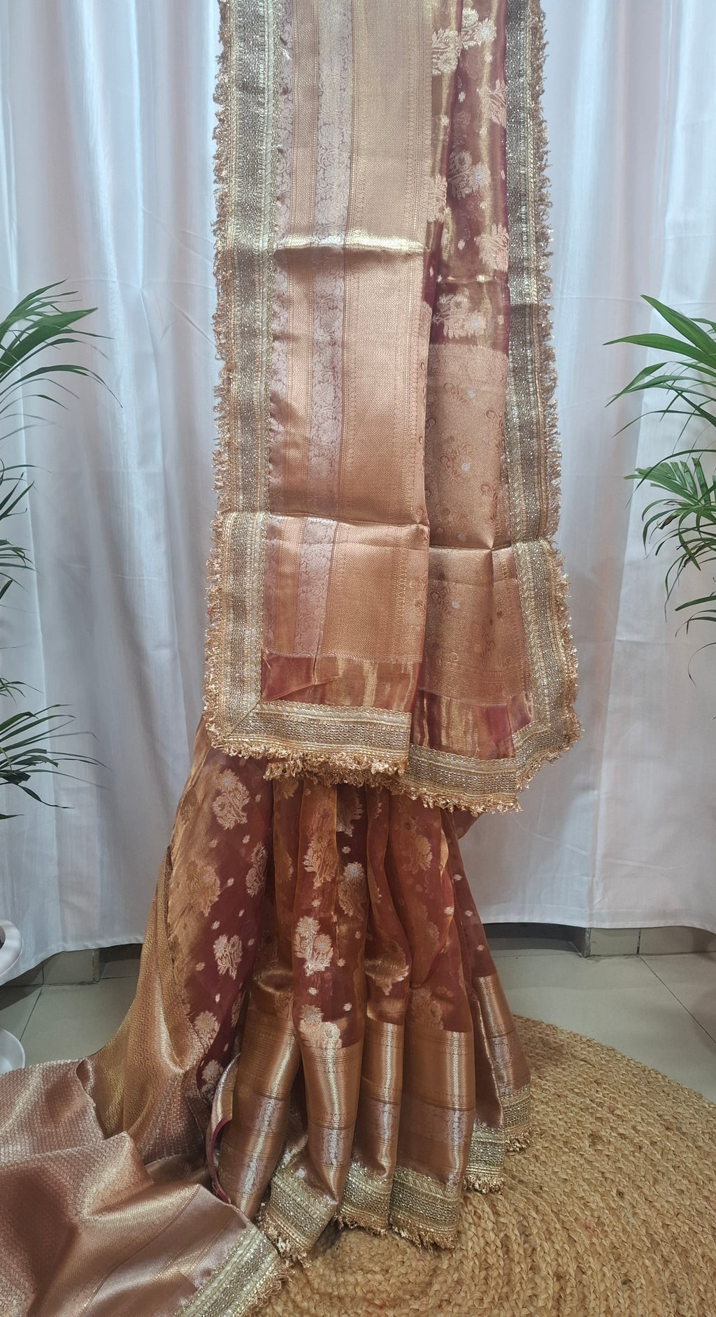 Wine and gold Pure Diamond Tissue Silk Banarasi saree