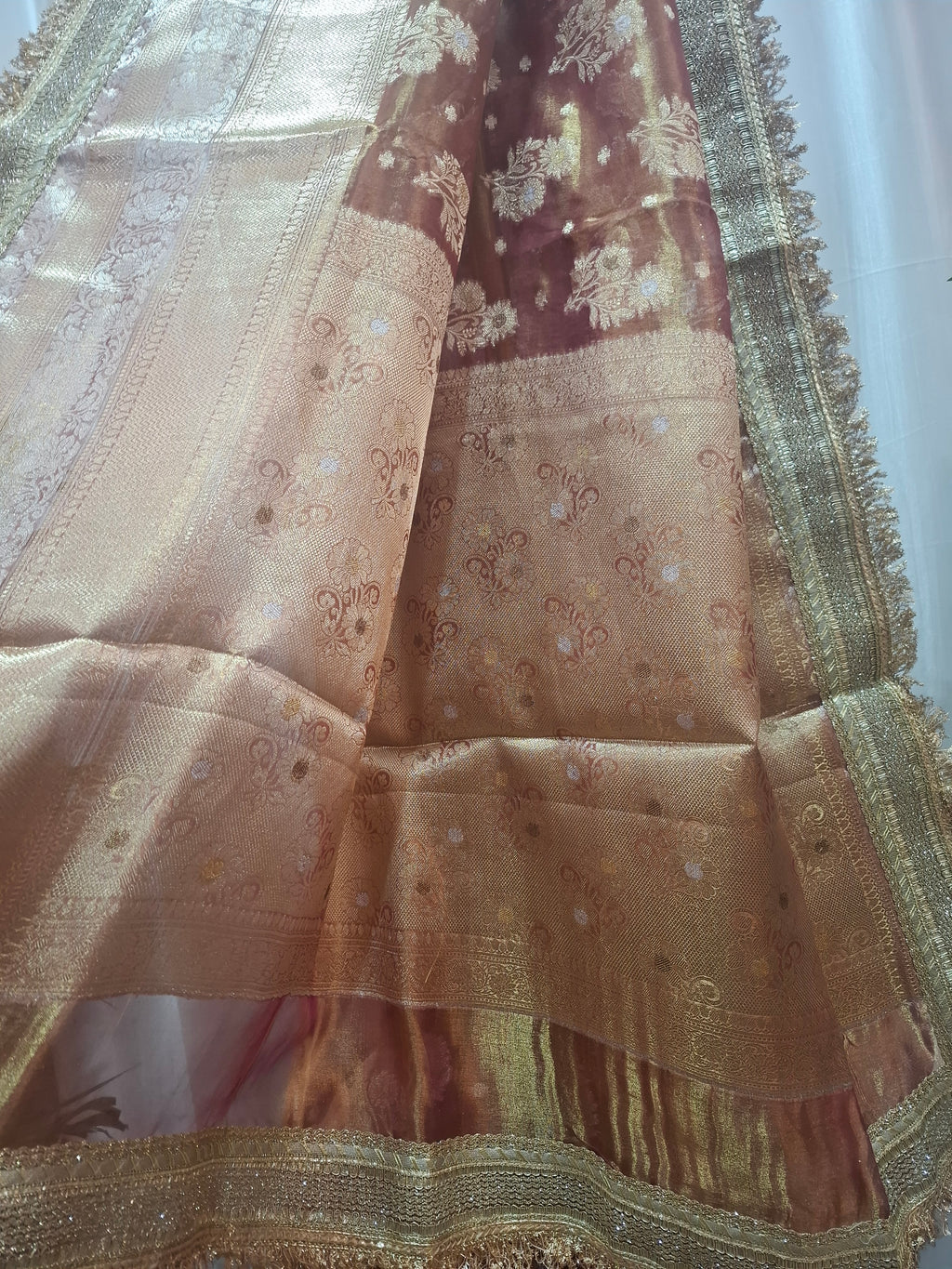 Wine and gold Pure Diamond Tissue Silk Banarasi saree