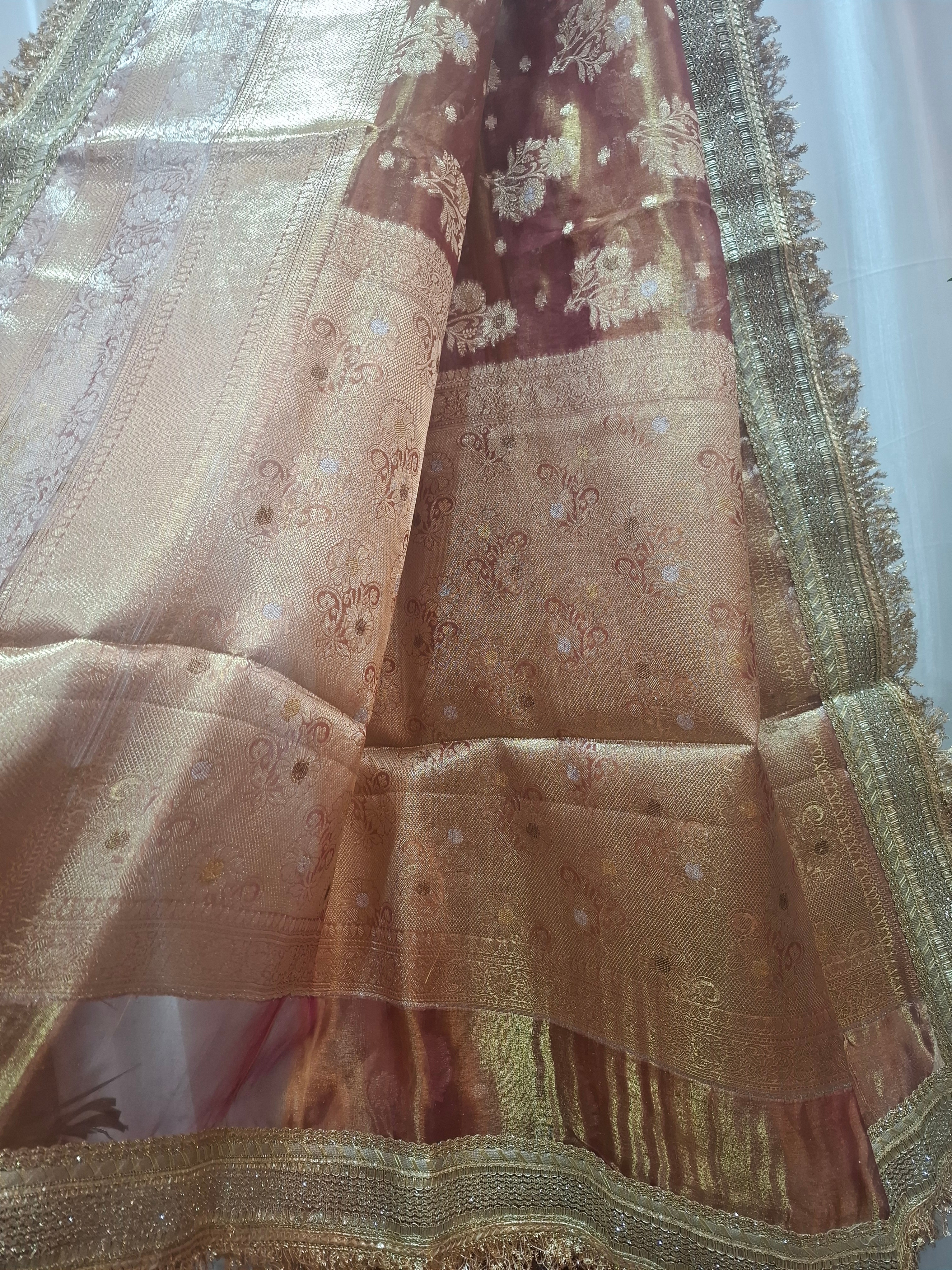Wine and gold Pure Diamond Tissue Silk Banarasi saree