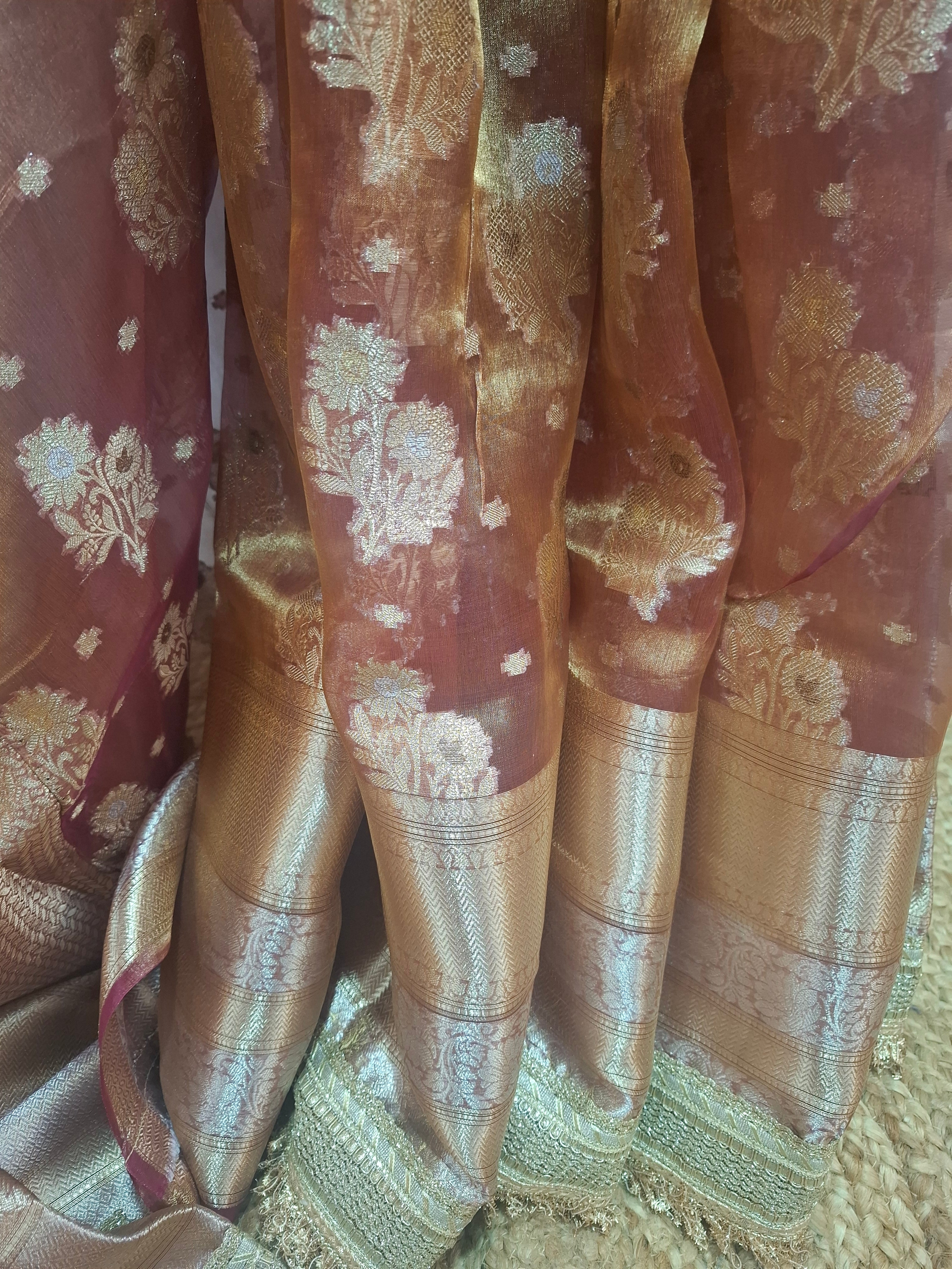 Wine and gold Pure Diamond Tissue Silk Banarasi saree