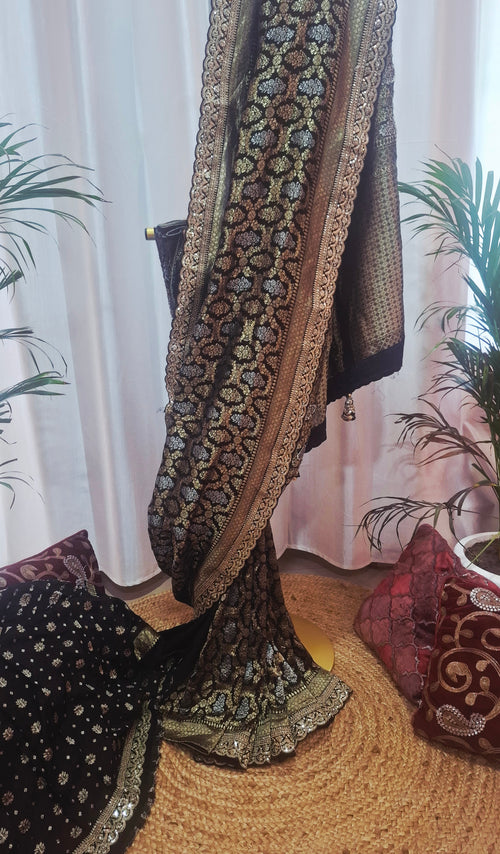 Black heavy zari Pure Khaddi Banarasi Saree