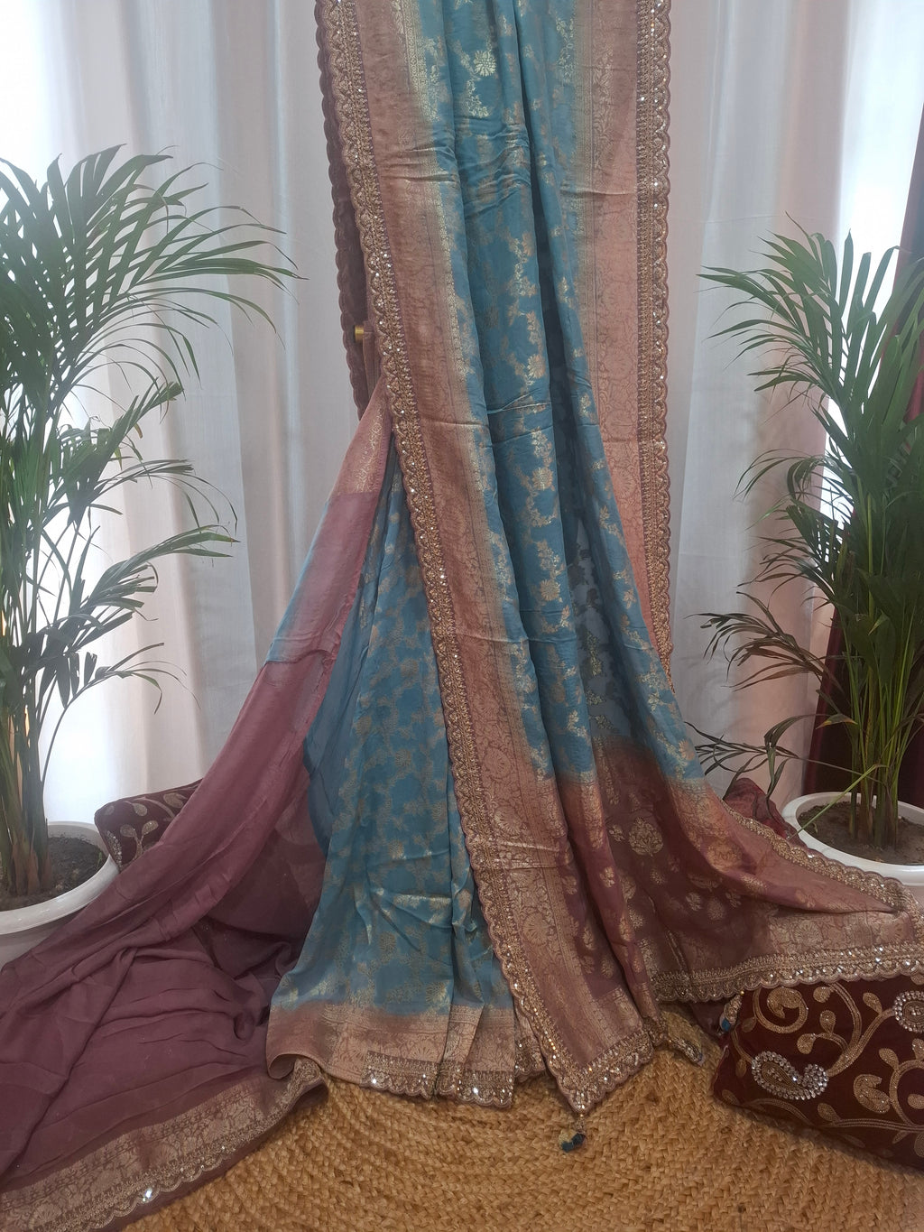 Blue and Mauve Pure Khaddi Georgette Banarasi Saree