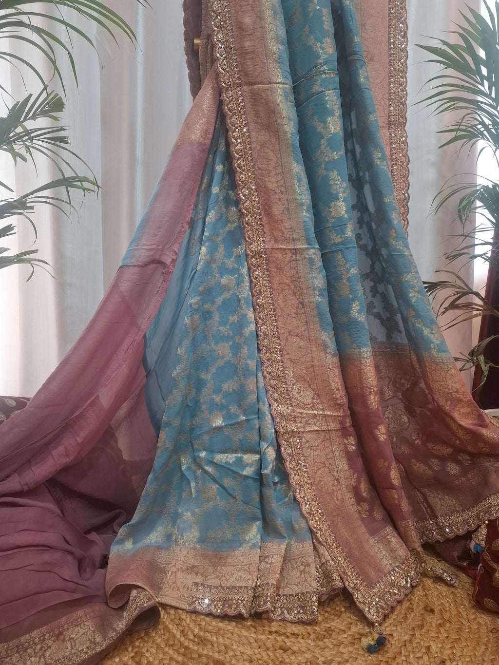 Blue and Mauve Pure Khaddi Georgette Banarasi Saree