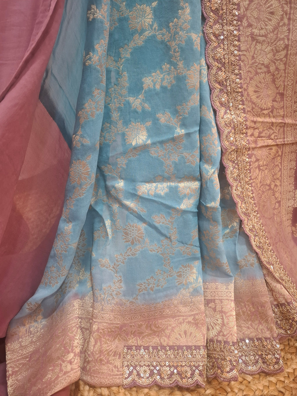 Blue and Mauve Pure Khaddi Georgette Banarasi Saree