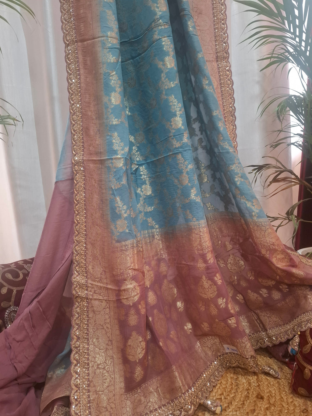 Blue and Mauve Pure Khaddi Georgette Banarasi Saree