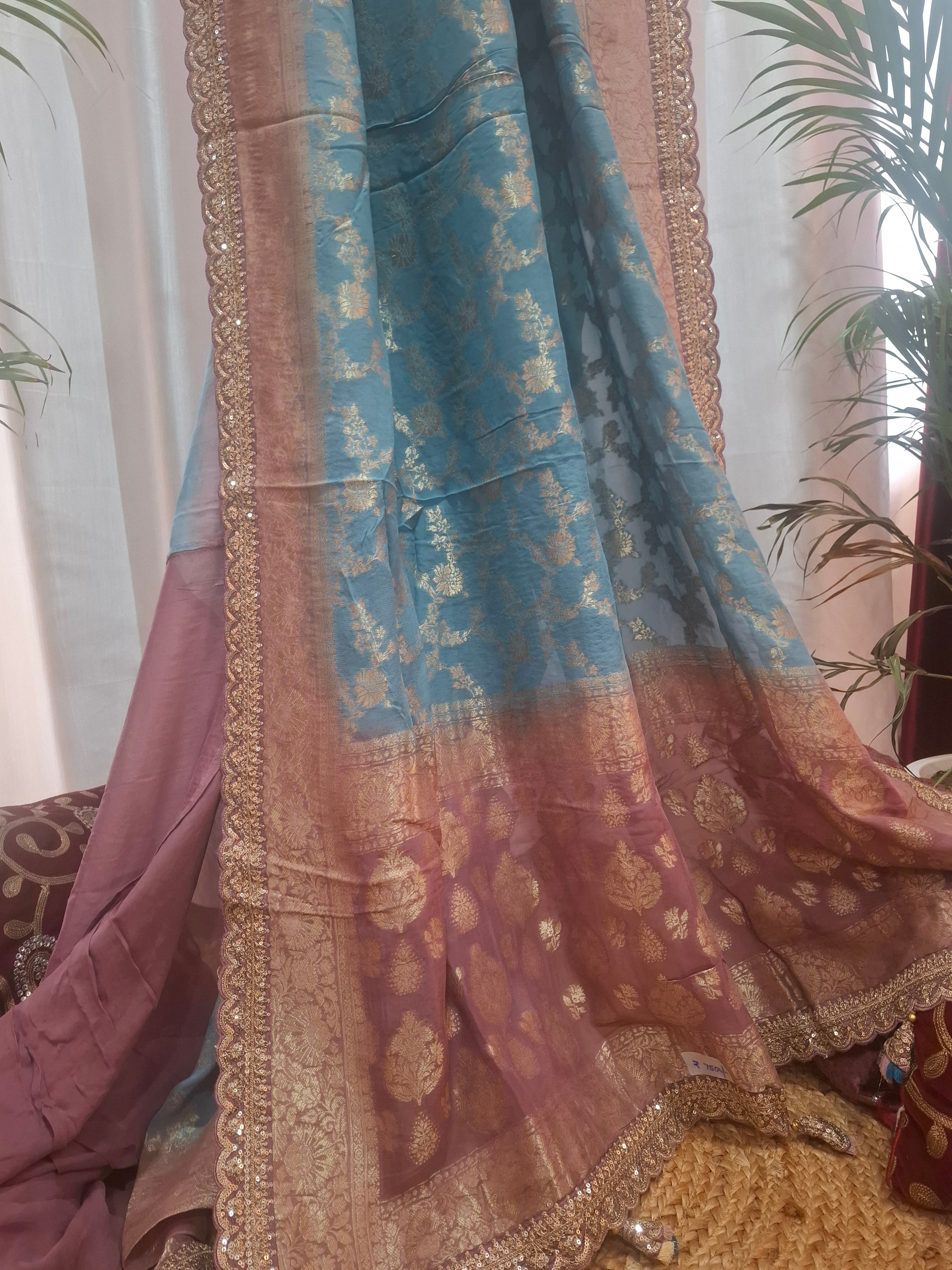 Blue and Mauve Pure Khaddi Georgette Banarasi Saree