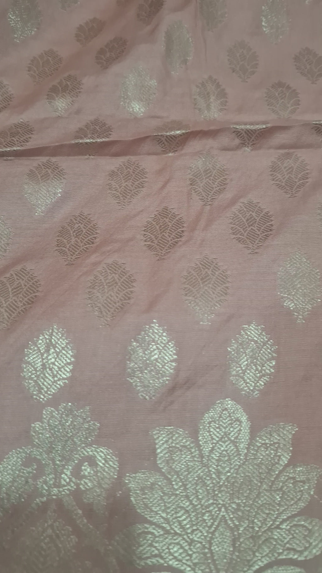 Peachish pink Banarasi silver zari dress material