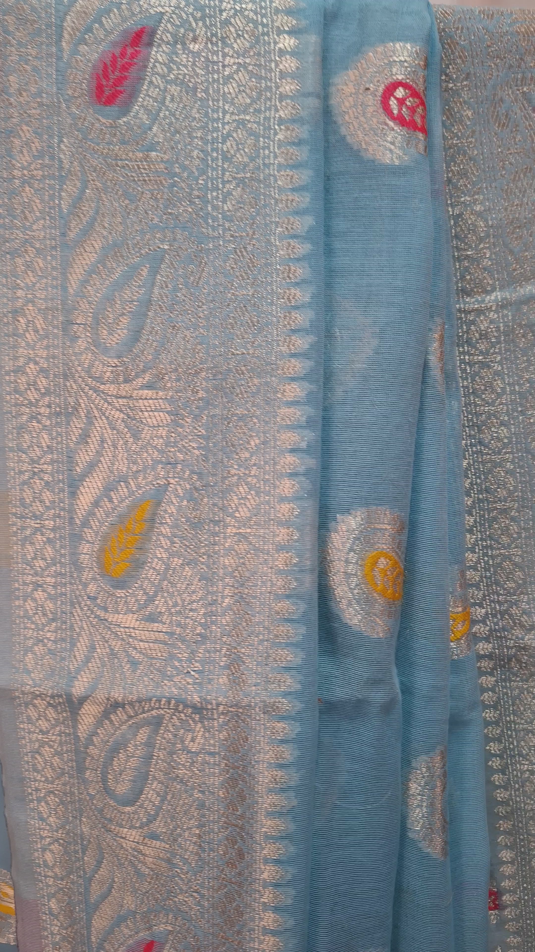 Sky Blue Banarasi cotton silk meenakari saree