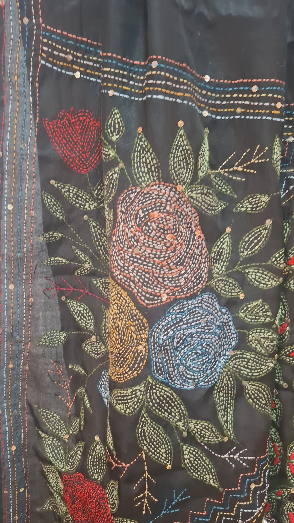 Black Pure Tussar Silk Banarasi saree with Kantha embroidery