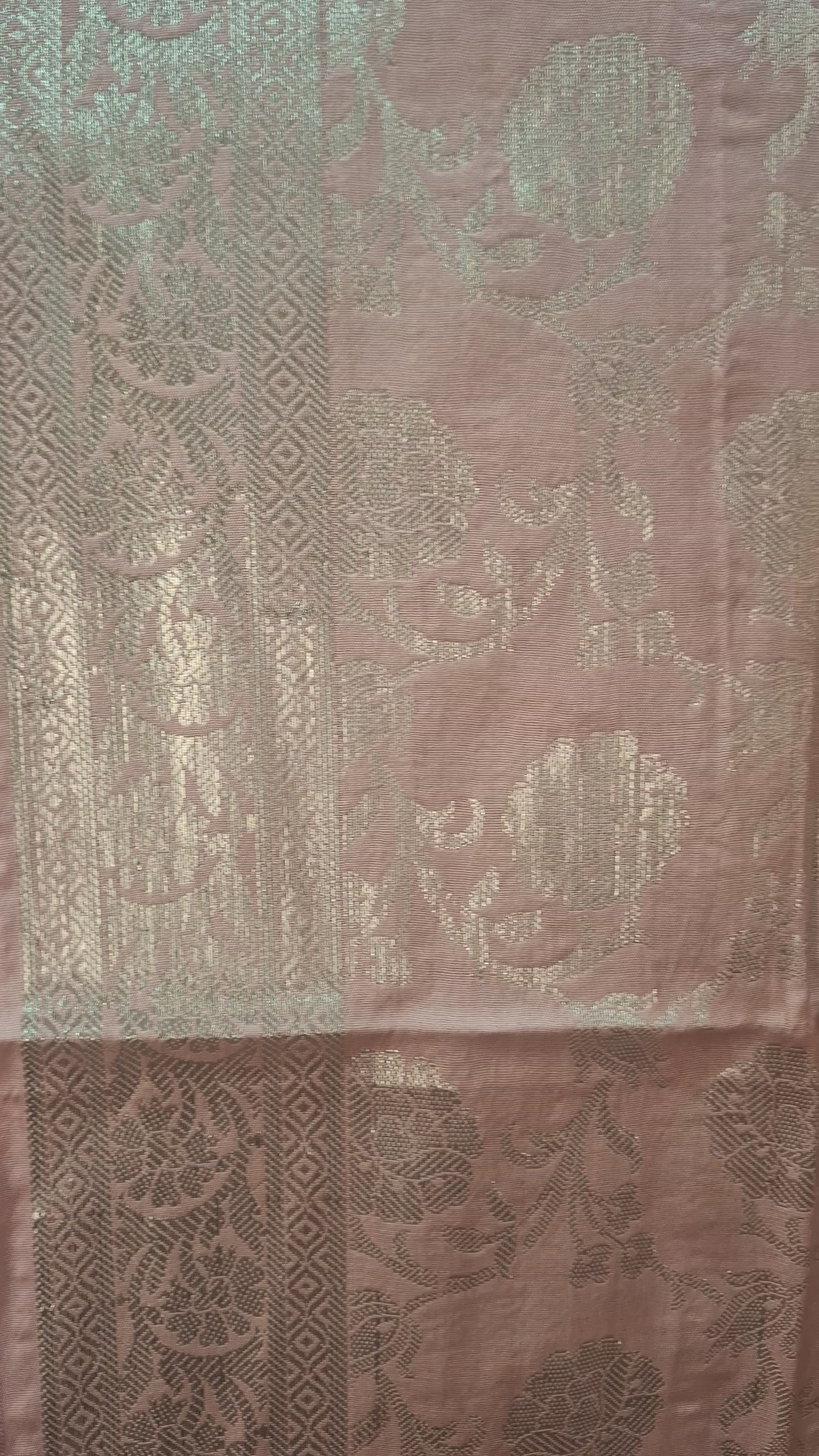 Peachish pink Banarasi silver zari dress material