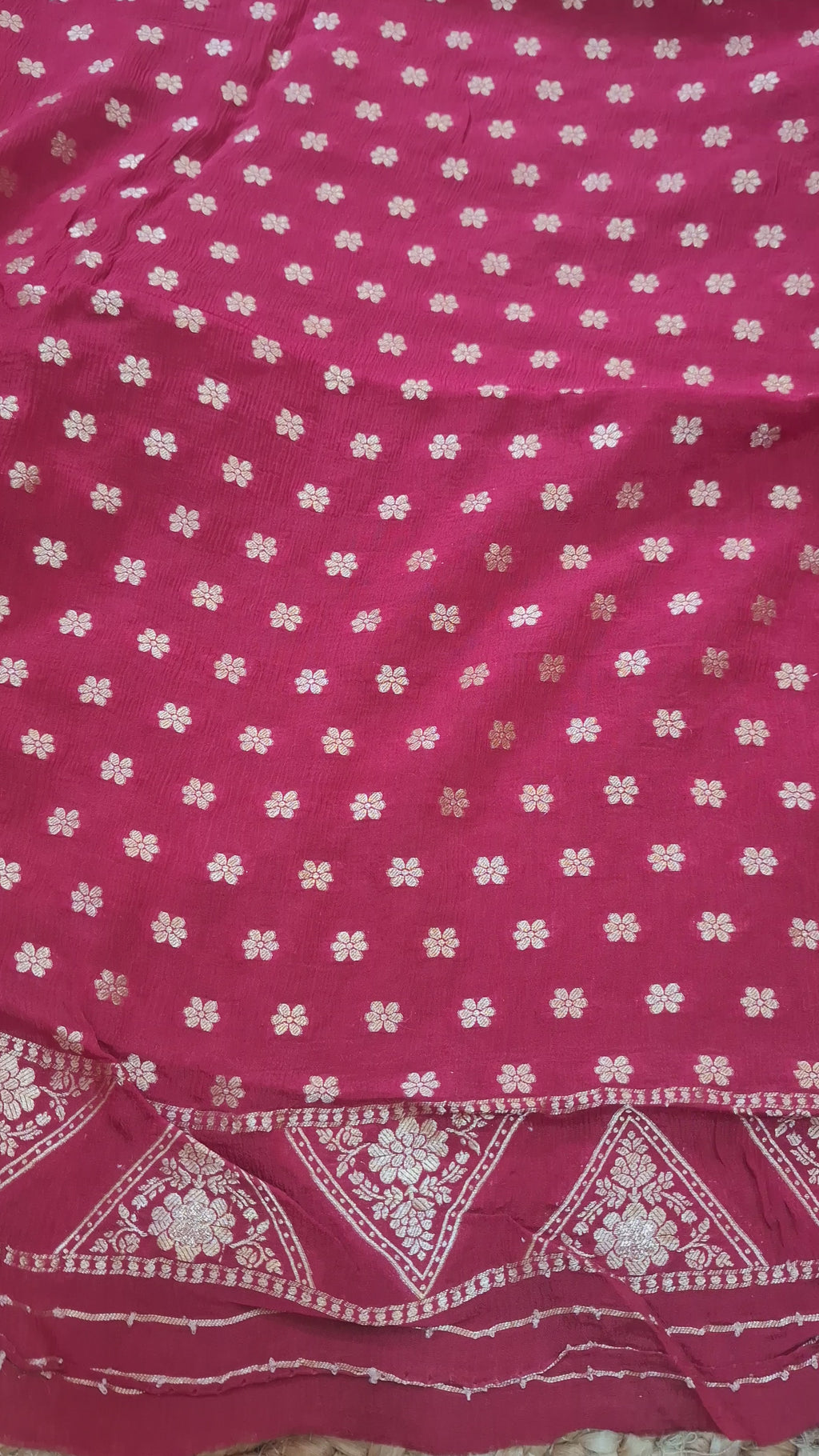 Deep red georgette Banarasi saree with zari flower and zari booti