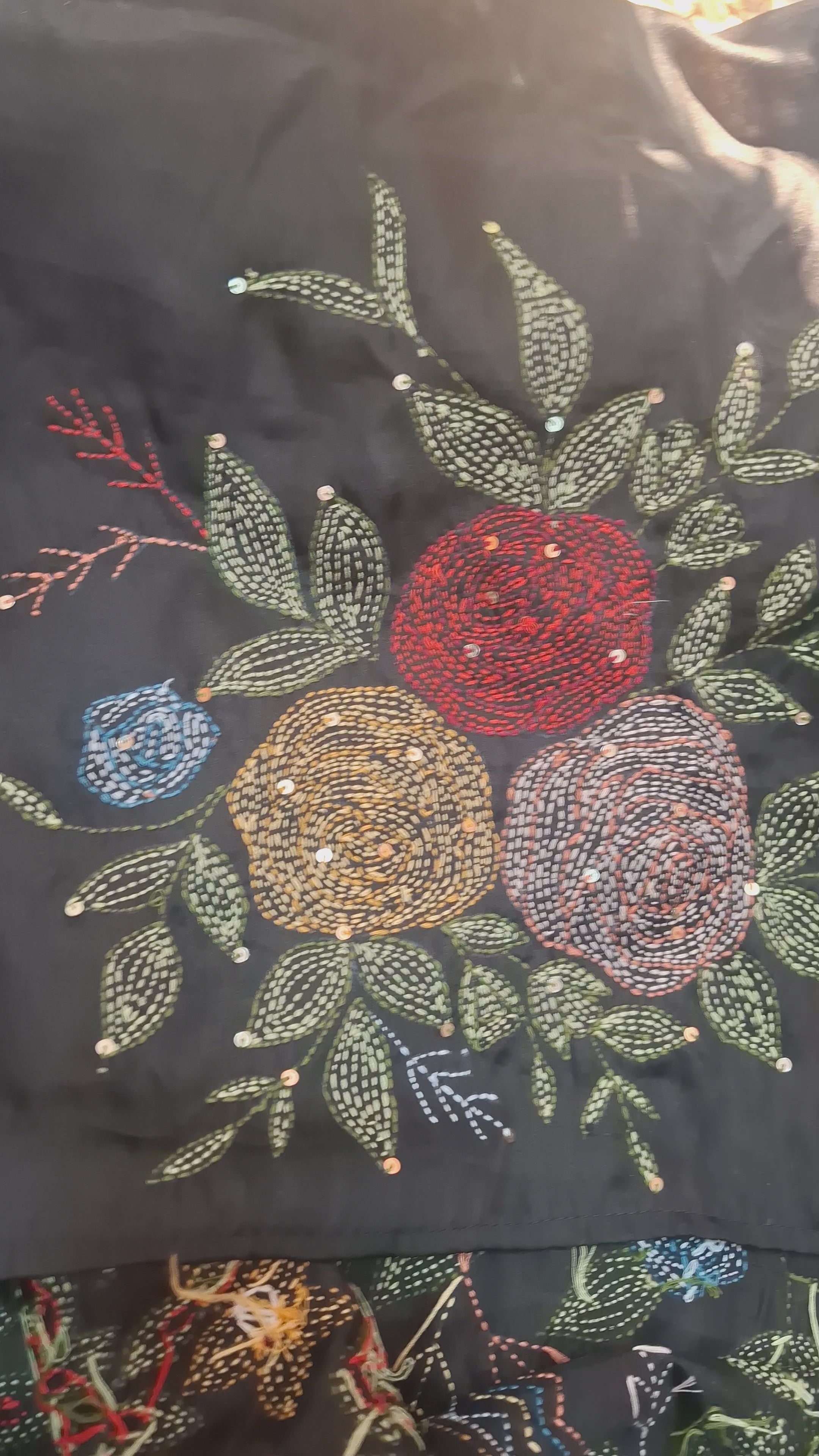 Black Pure Tussar Silk Banarasi saree with Kantha embroidery