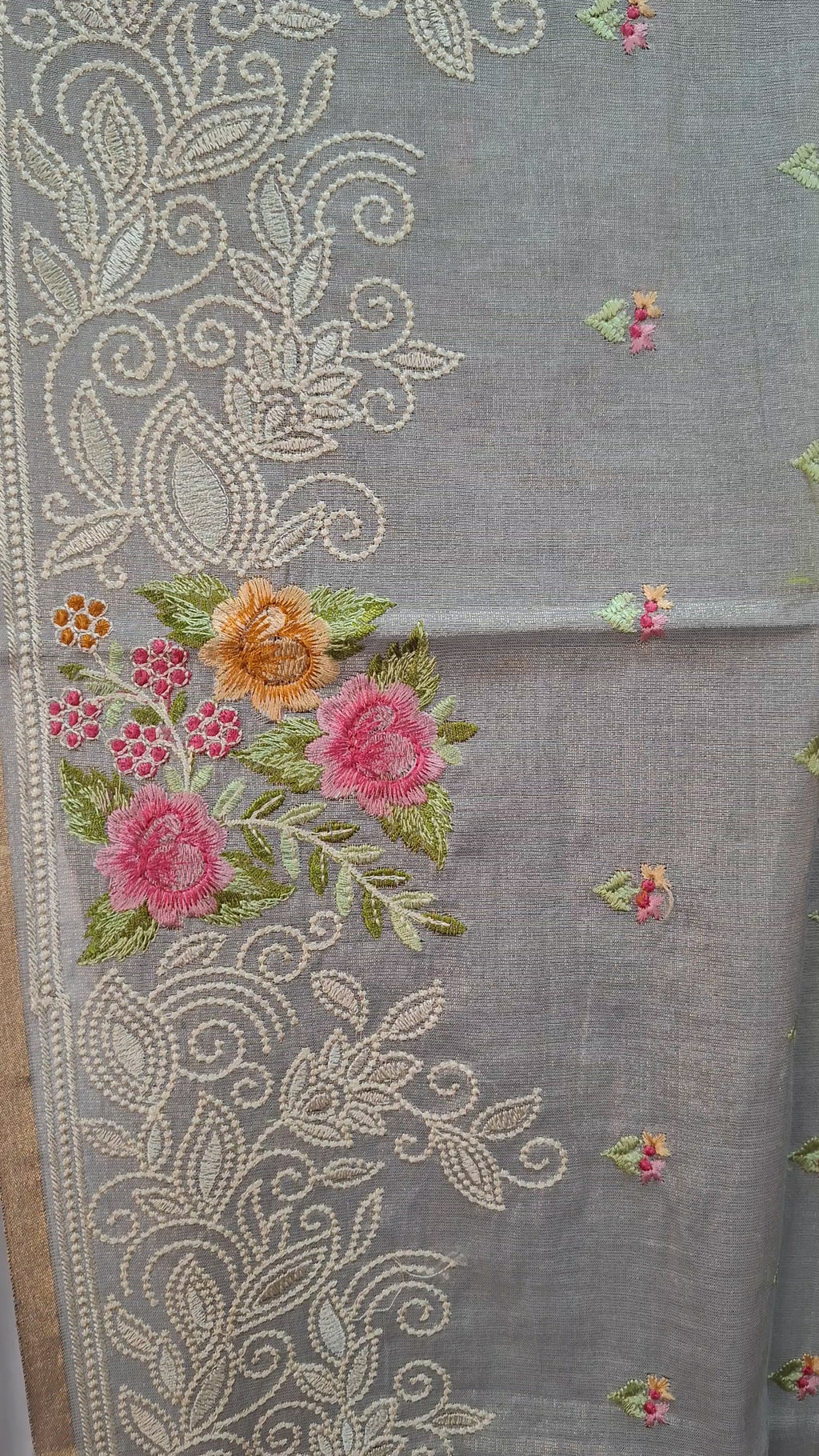 Grey Kora Tissue Banarasi silk embroidered saree